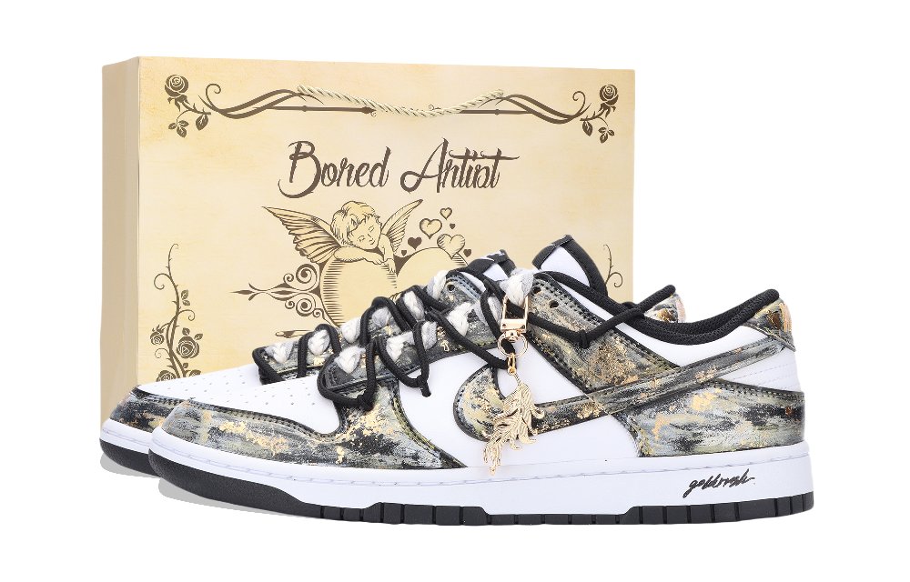 Nike Dunk Gold Rush Abrasion Resistant Low Top Skateboard Shoes Unisex Black White Gold