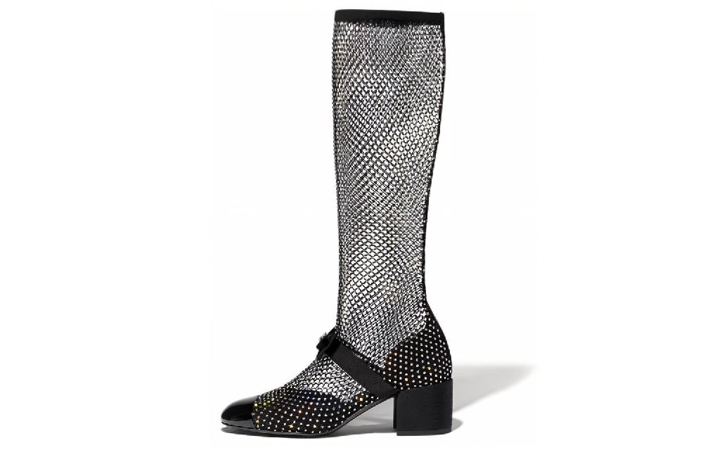 CHANEL Resille 55mm Knee High Mary Janes Black Crystal Patent Calfskin Women's