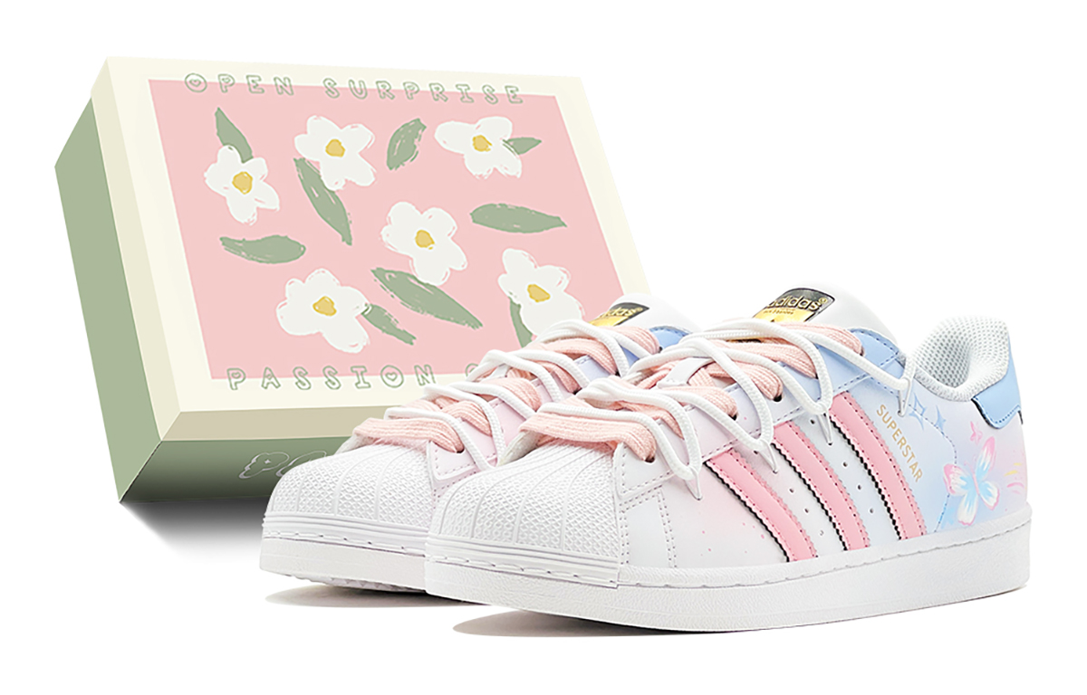 Adidas Originals SUPERSTAR Double Festival Greetings, Iridescent Butterfly Low top Skateboard Shoes Unisex Pink Blue