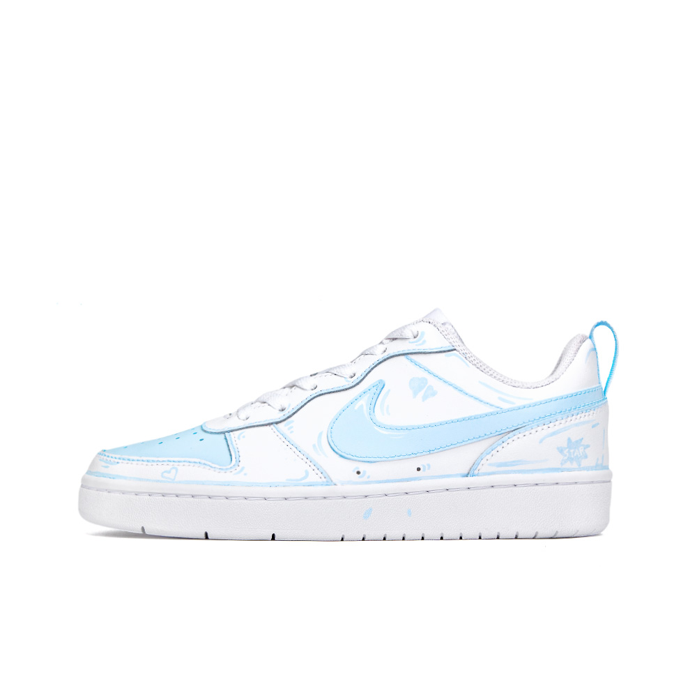 Nike Court Borough Cerulean Graffiti, Amber Anti Slip Wear Resistant Low Top Skateboard Shoes GS Blue White