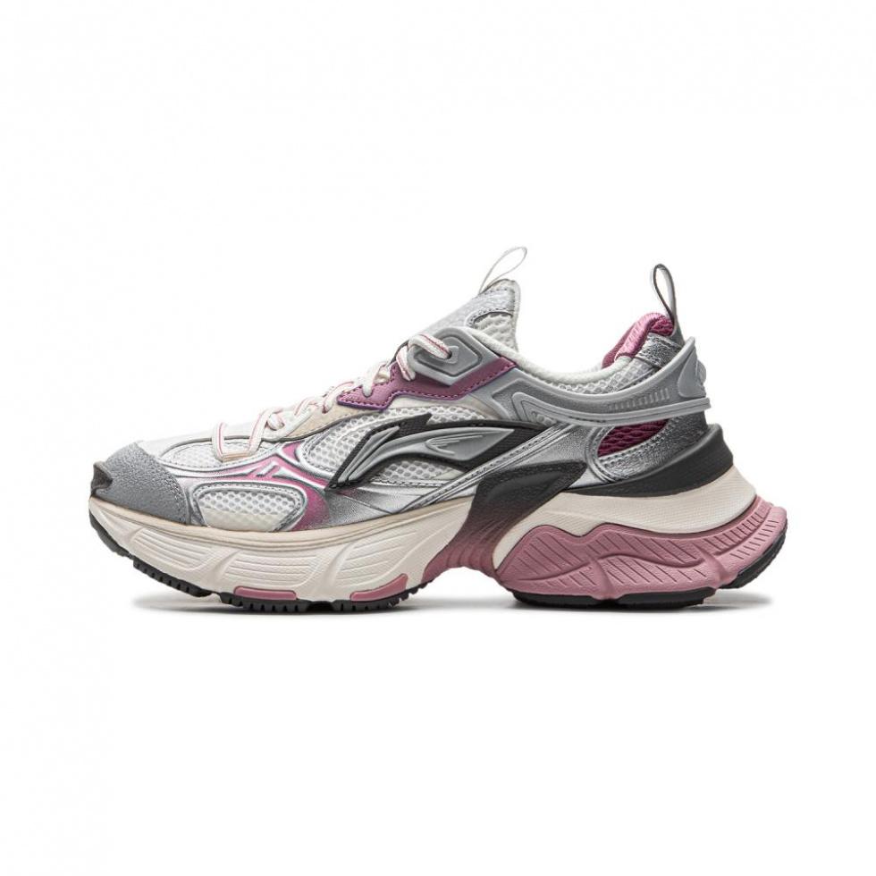 LiNing Star Cushioning Abrasion Resistant Breathable Low Top Chunky Sneakers Women's Silver White Purple