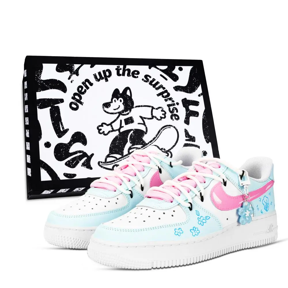 Nike Air Force 1 Flower Painted Leaf Language Abrasion Resistant Low Top Skateboard Shoes Unisex Blue Pink White
