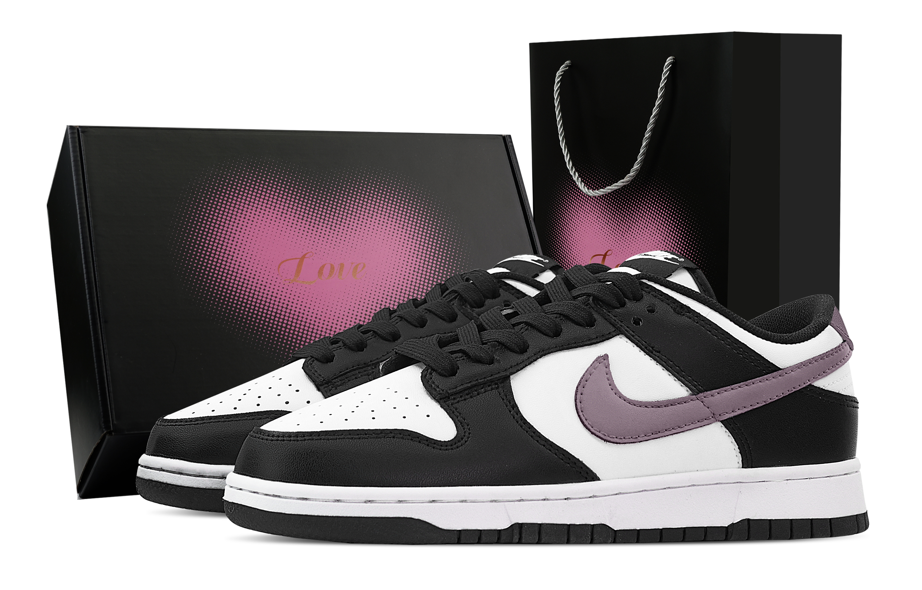 Nike Dunk Taro Paste And Tapioca, Heart Box Abrasion Resistant Low top Skateboard Shoes Unisex Black White Purple