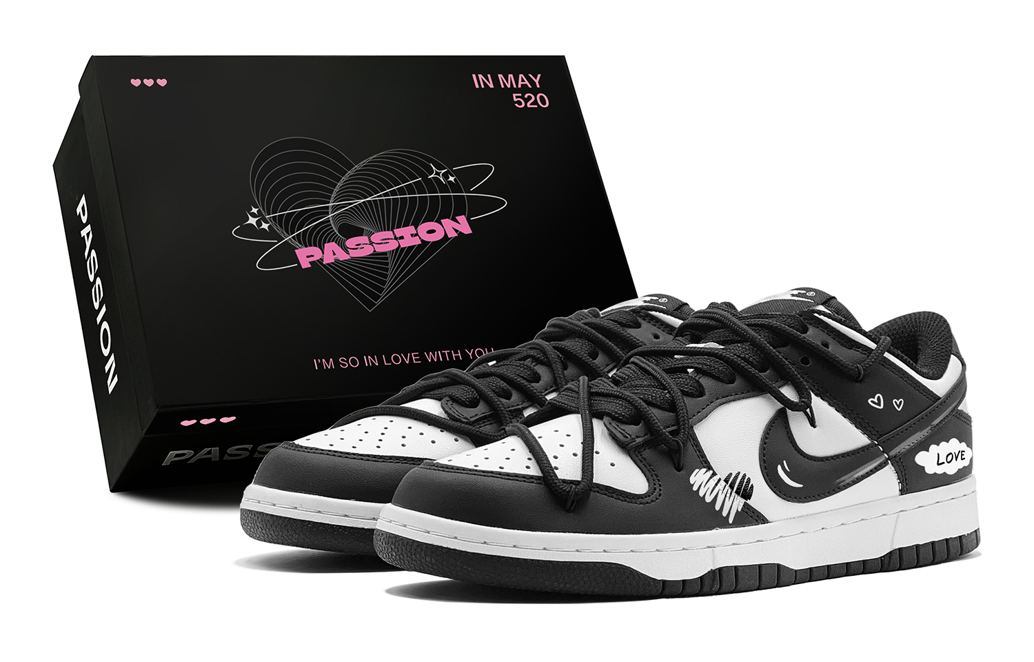 Nike Dunk Romantic 520 Minimalist, Deconstructed Heart, Light Customization Low Top Skateboard Shoes Men's Black White