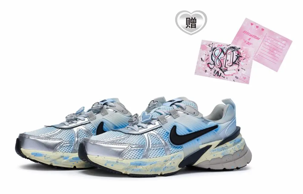 Nike V2K Run Anti-Slip Wear-Resistant Low-Top Casual Running Shoes Unisex Blue Silver