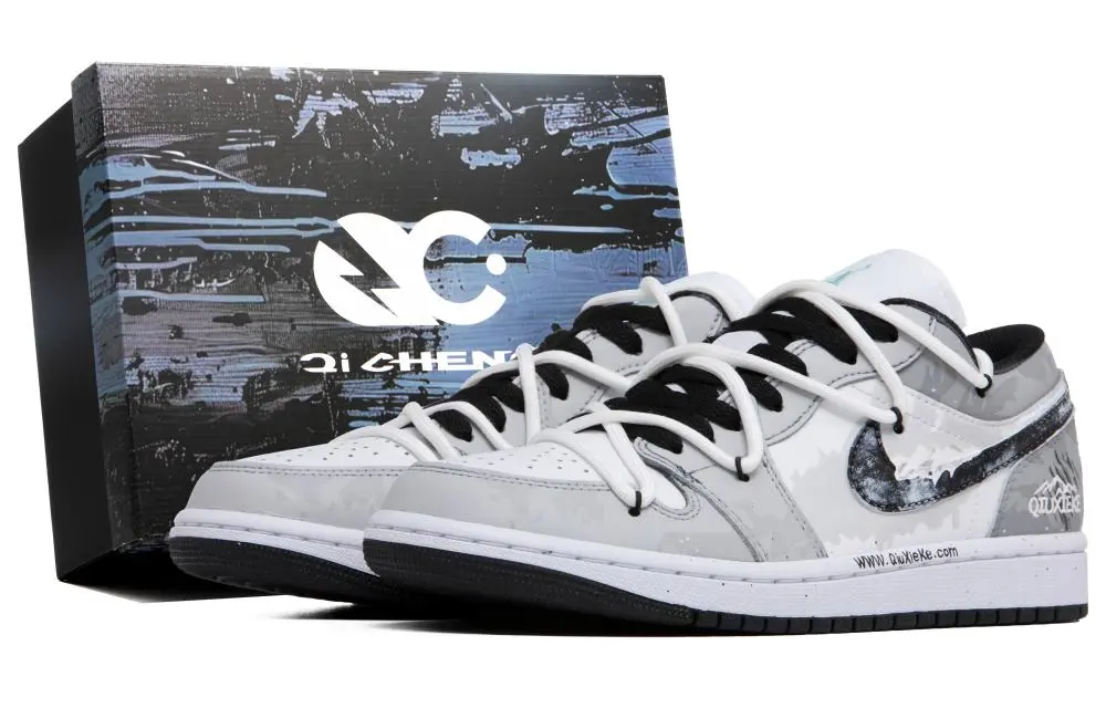 Jordan Air Jordan 1 LOW Snow Mountains Island Love Durable Breathable Low-Top Vintage Basketball Shoes Men's White Gray