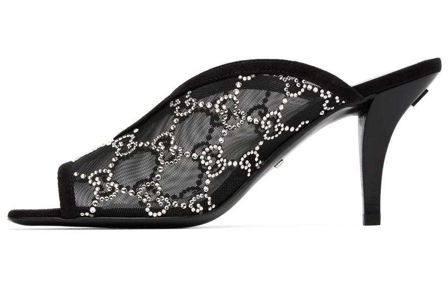 GUCCI Gg Crystal 75mm Heeled Sandal Black Mesh Women's
