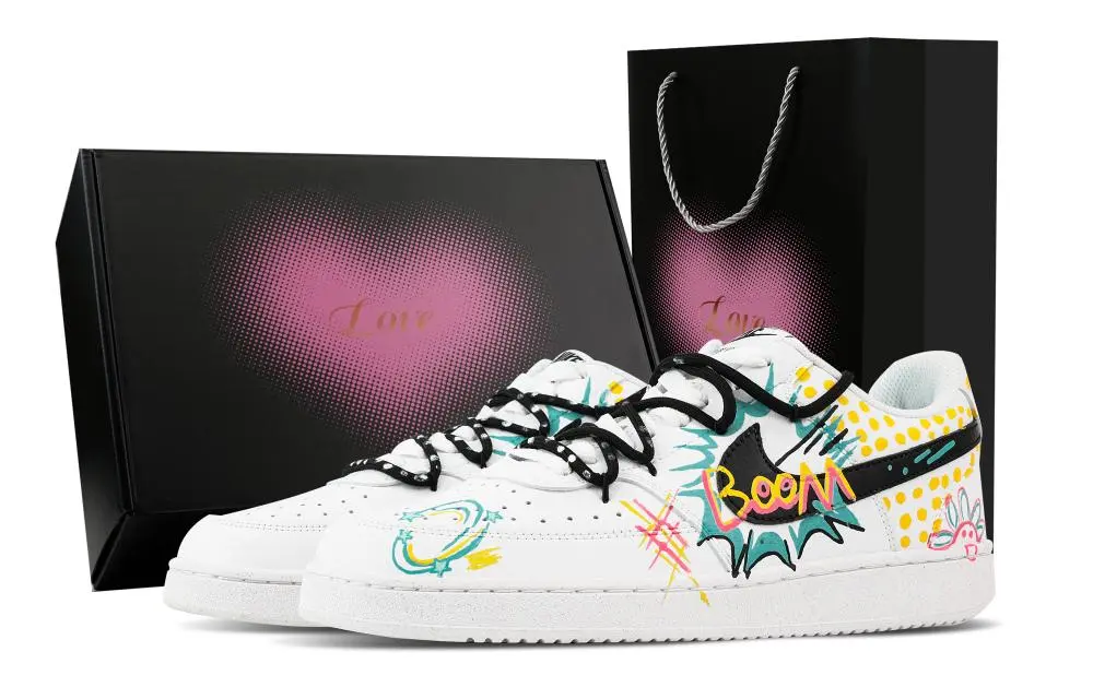 Nike Court Vision 1 Pope Arts, Heart Box Abrasion Resistant Low top Skateboard Shoes Men's White Yellow Cyan
