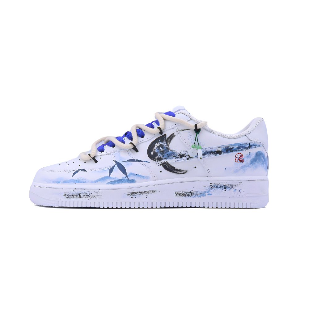 Nike Air Force 1 Novel Point, Peaks And Ridges Anti Slip Wear Resistant Low Top Skateboard Shoes Unisex White Blue