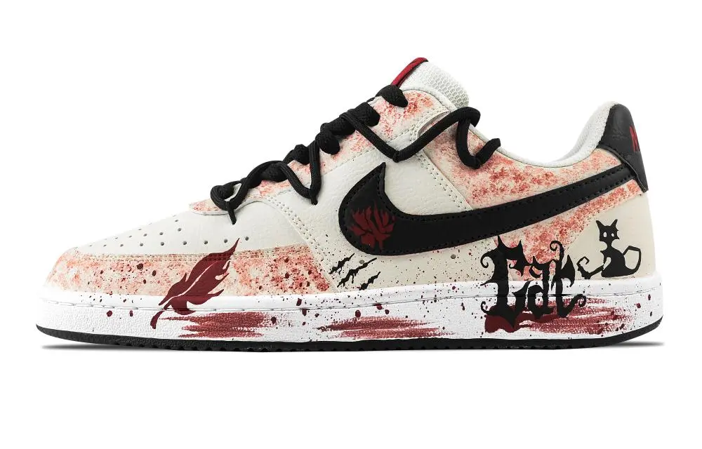 Nike Court Vision 1 Blood Red Black Cat Abrasion Resistant Low Top Skateboard Shoes Men's White Red