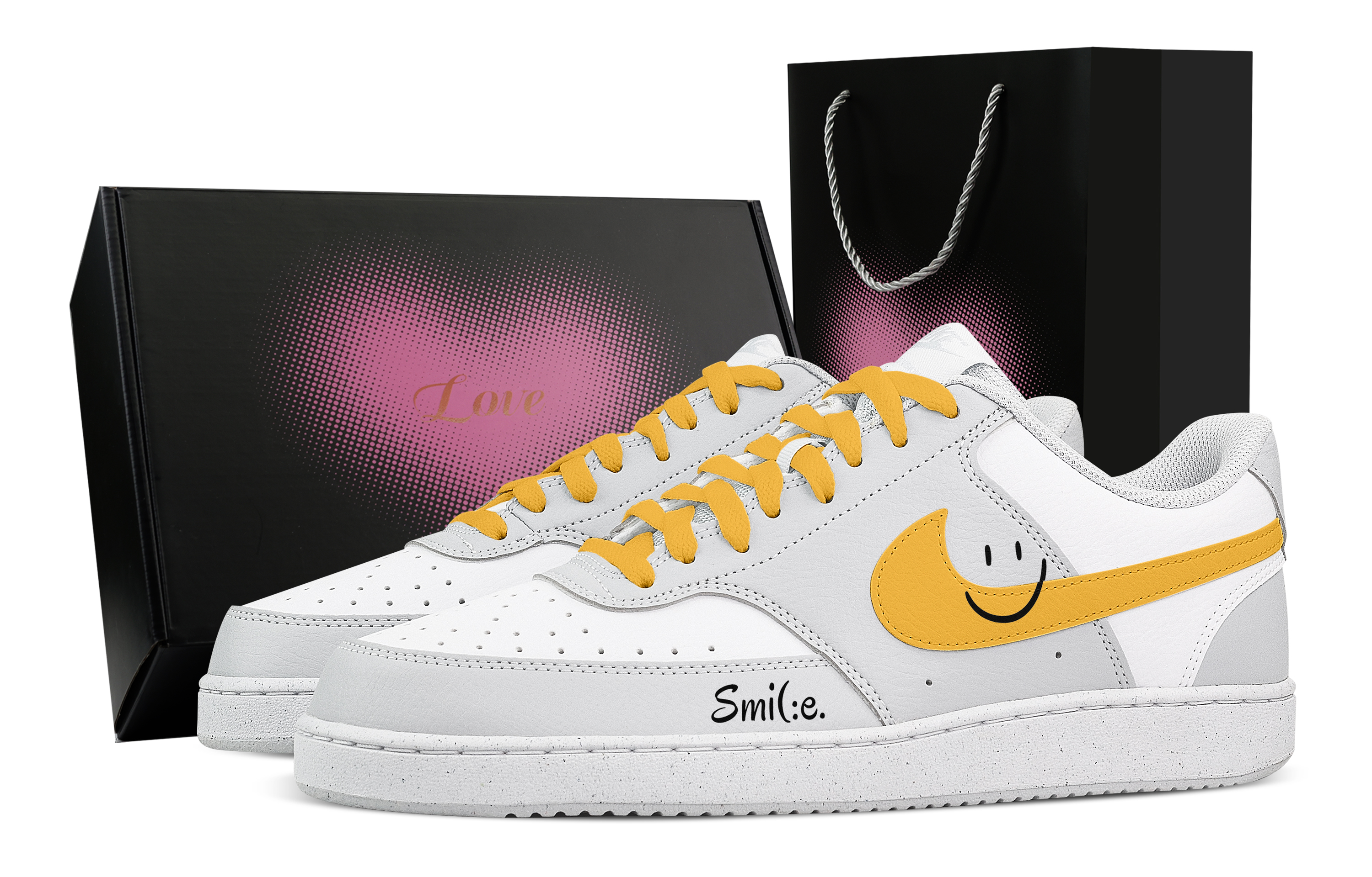 Nike Court Vision Smiley Face Smiley Heart Box Abrasion Resistant Low top Skateboard Shoes Men's White Yellow