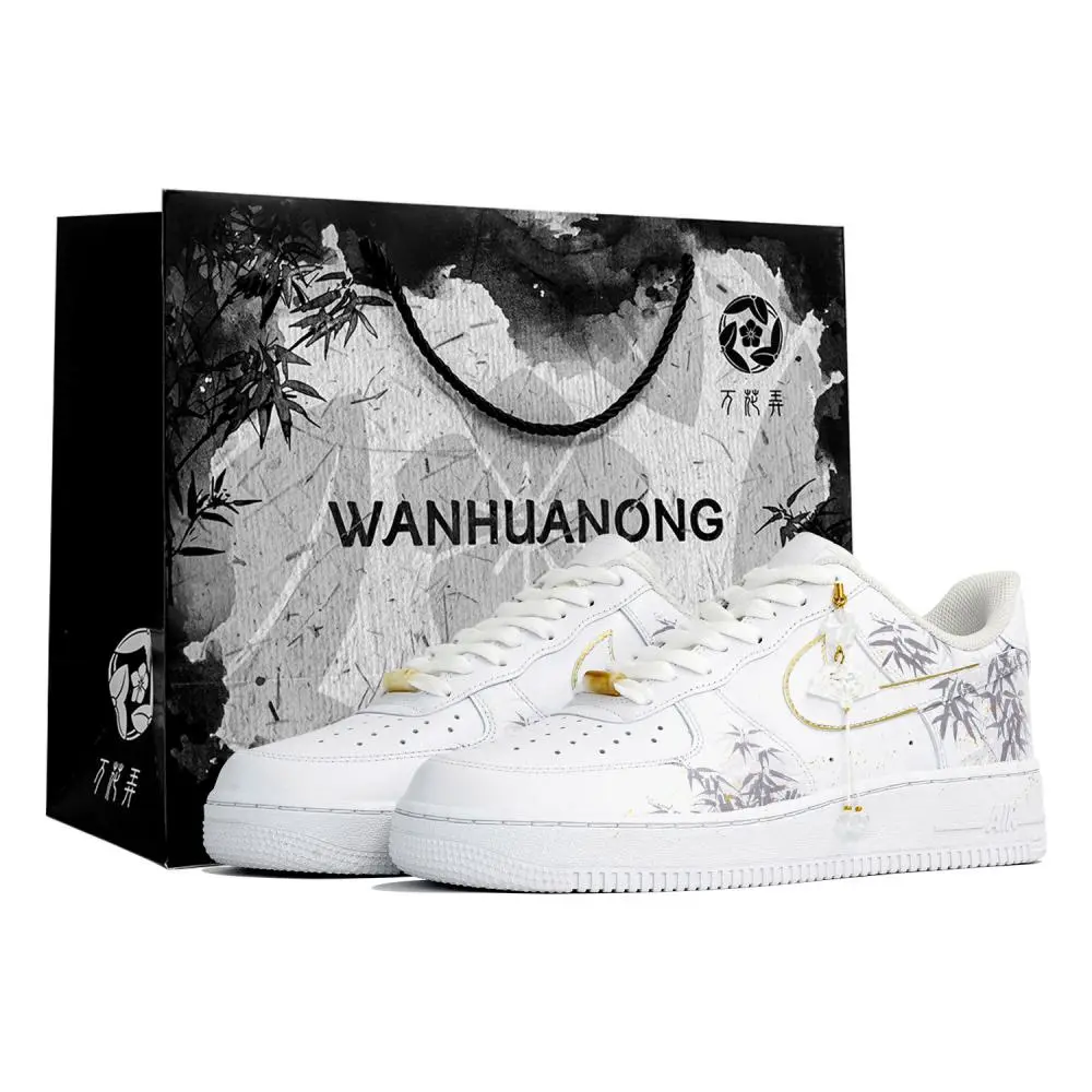Nike Air Force 1 Wan Hua Nong, Su Wen, Shopping Bag Abrasion Resistant Low top Skateboard Shoes Unisex White Gold