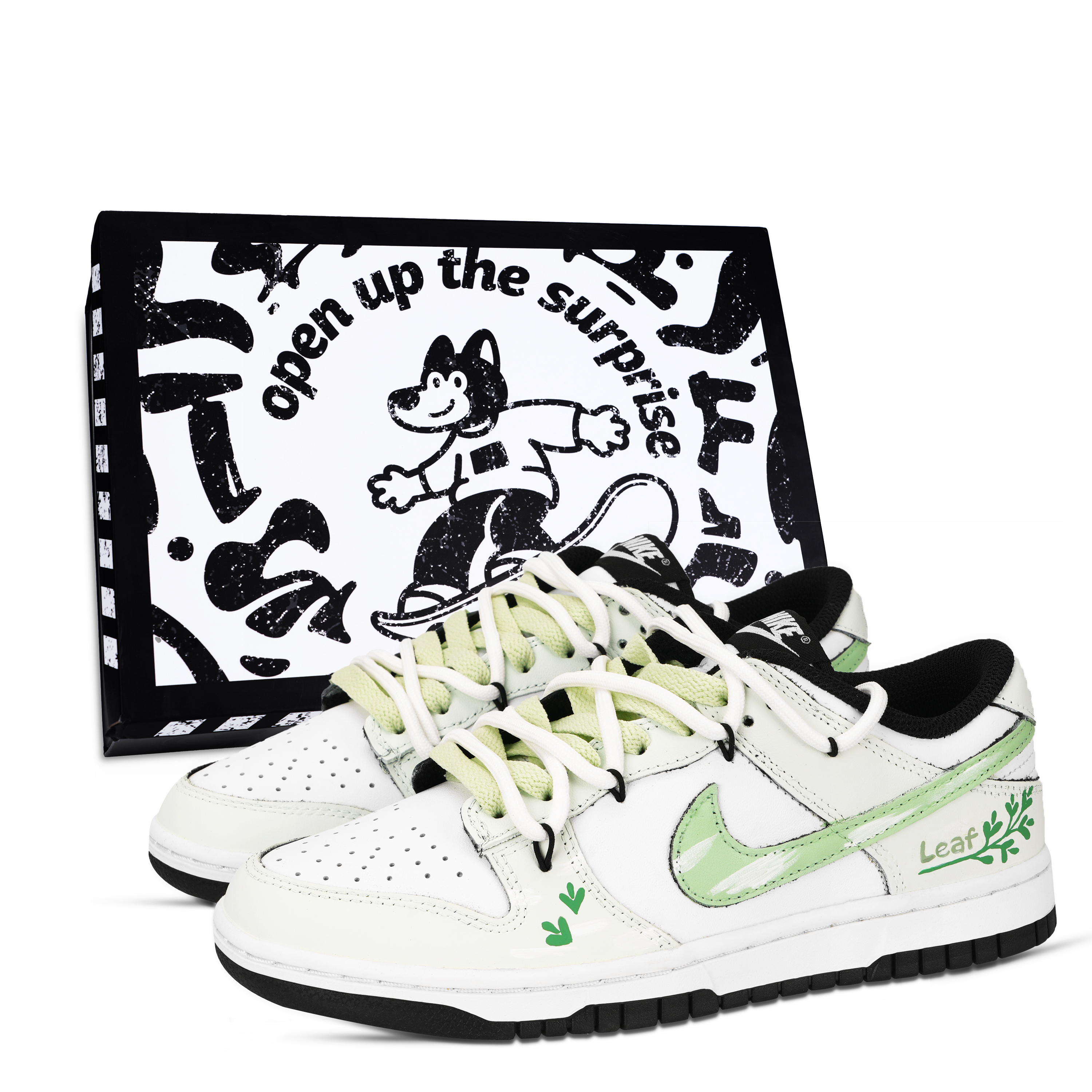 Nike Dunk Black White, Green Leaf Footprints Abrasion Resistant Low top Skateboard Shoes Unisex White Green