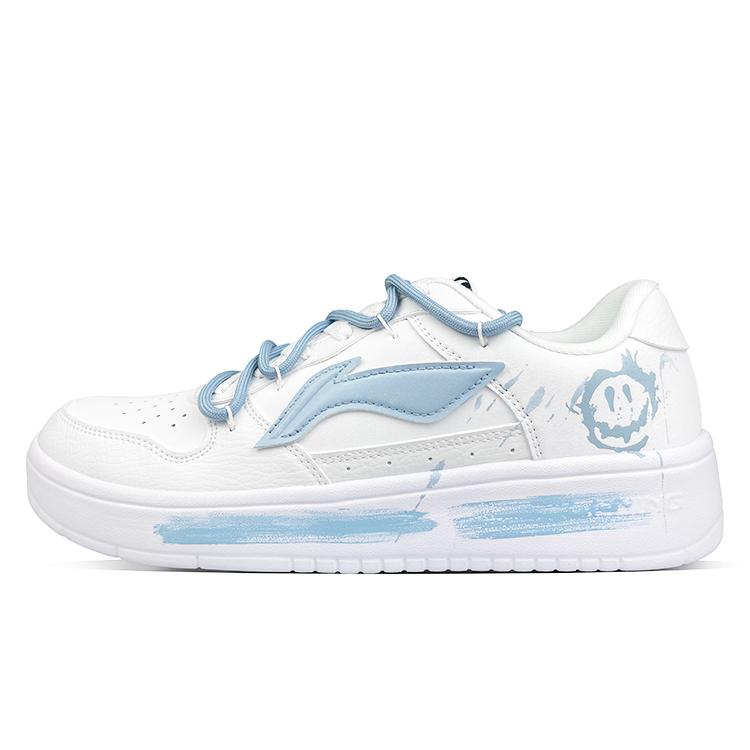 LiNing Pontoon Boats Anti-Slip Wear-Resistant Breathable Height Increasing Low-Top Skateboard Shoes Women's White Blue