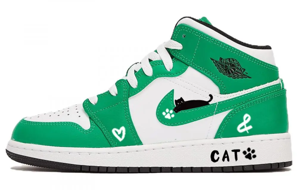 Jordan Air Jordan 1 Heart Kitten Mercedes-Benz Little Cat Mid-Top Vintage Basketball Shoes Women's White Green