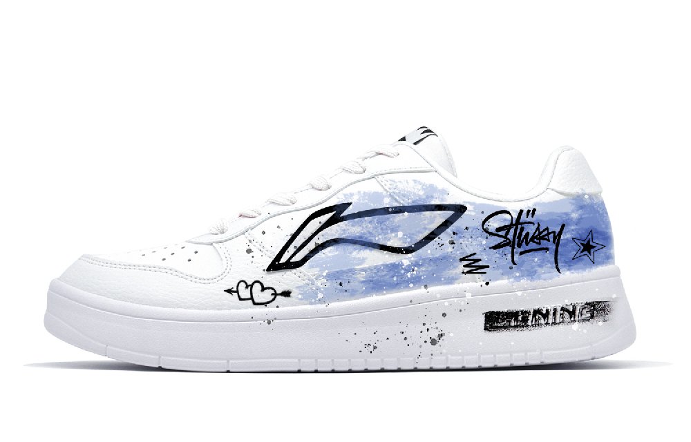 LiNing Slip-Resistant Lightweight Height Increasing Low-Top Skateboard Shoes Men's White Blue