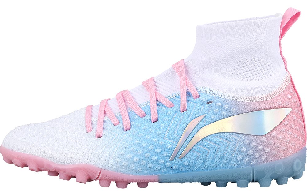 LiNing TF Turf Artificial Ground, Firm Ground Shock Absorbers Slip Resistant Soccer Shoes Men's Blue Pink White