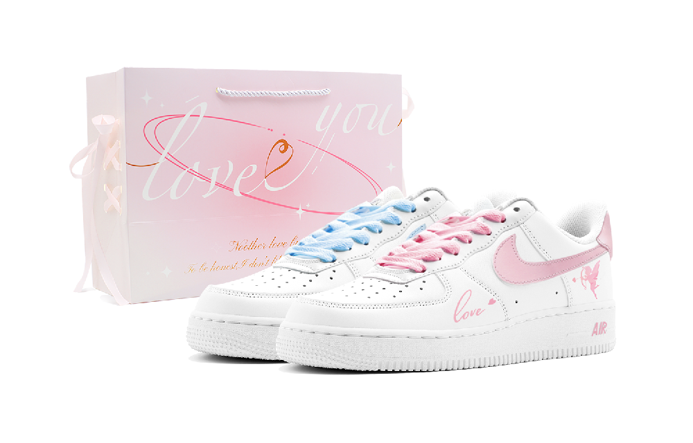 Nike Air Force 1 Cupid, Love Shoes Box Anti Slip Wear Resistant Low Top Skateboard Shoes Women's Blue Pink