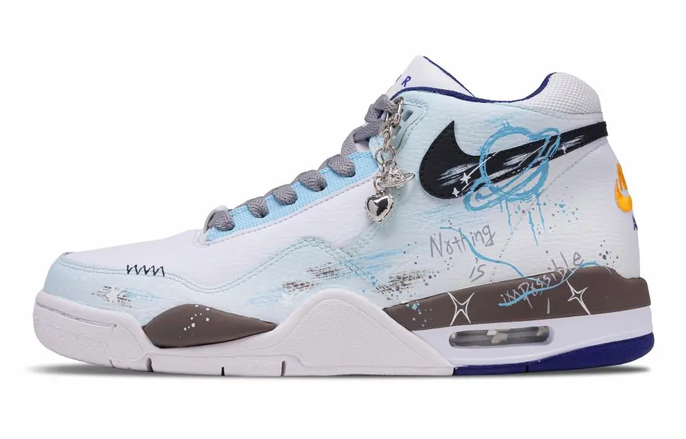 Nike Flight Legacy Geometric Planet Abrasion Resistant Mid top Vintage Basketball Shoes Men's White Blue Brown