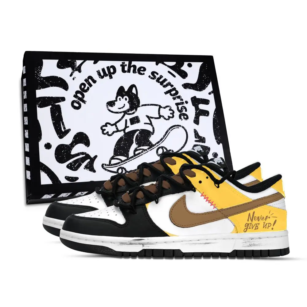 Nike Dunk Never Give Up On Black Shoe Box Abrasion Resistant Low top Skateboard Shoes Unisex Yellow White Black