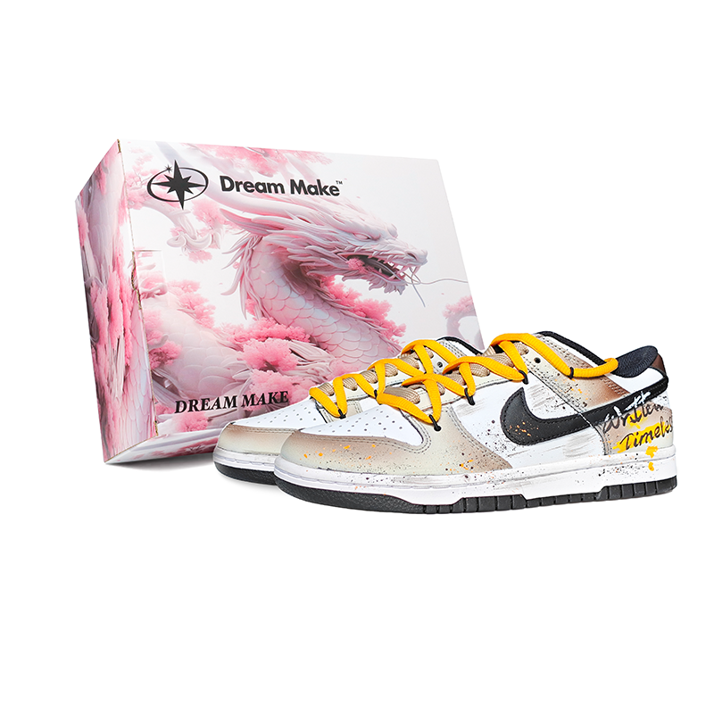 Nike Dunk Rattan Yellow Star Abrasion Resistant Low top Skateboard Shoes Men's Black White