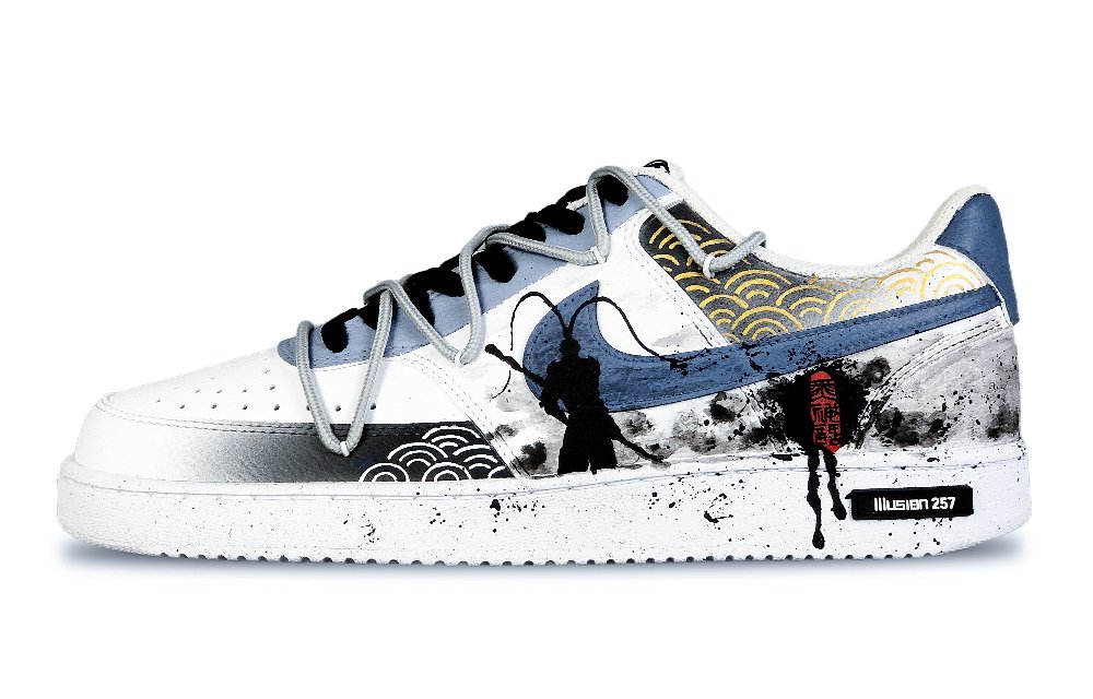 Nike Court Vision 1 Low Fantasy Battle Buddha Slip-Resistant Low-Top Skateboard Shoes Men's White Blue Black