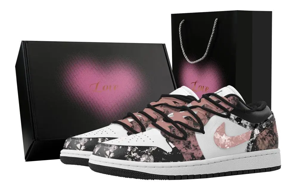 Jordan Air Jordan 1 Ink Stamp, Heart Box Abrasion Resistant Low top Vintage Basketball Shoes Women's Black Pink