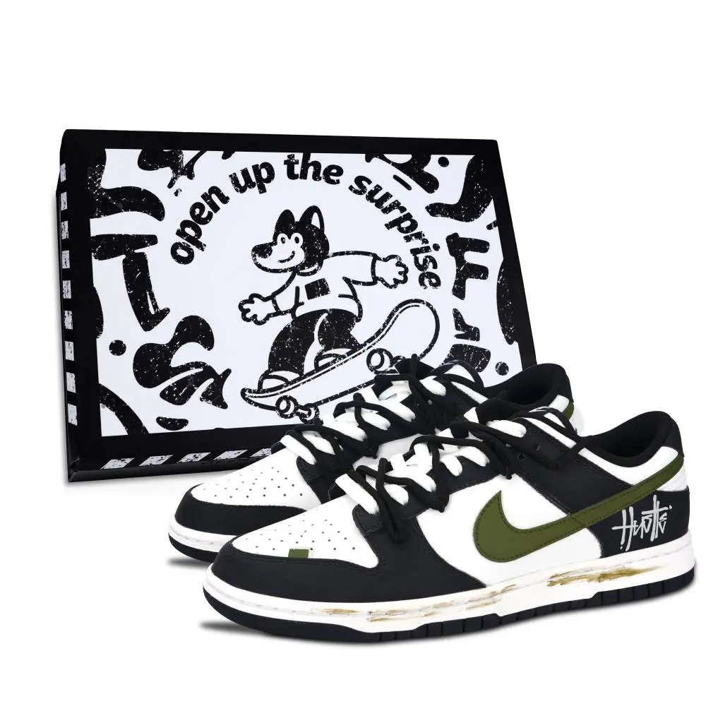 Nike Dunk Black White, Letter American 1 Black Shoe Box Abrasion Resistant Low top Skateboard Shoes Unisex Black Green