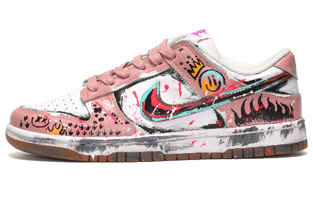 Nike Dunk CUS ID Crown Smiley Face Low-Top Skateboard Shoes Women's White Pink Brown