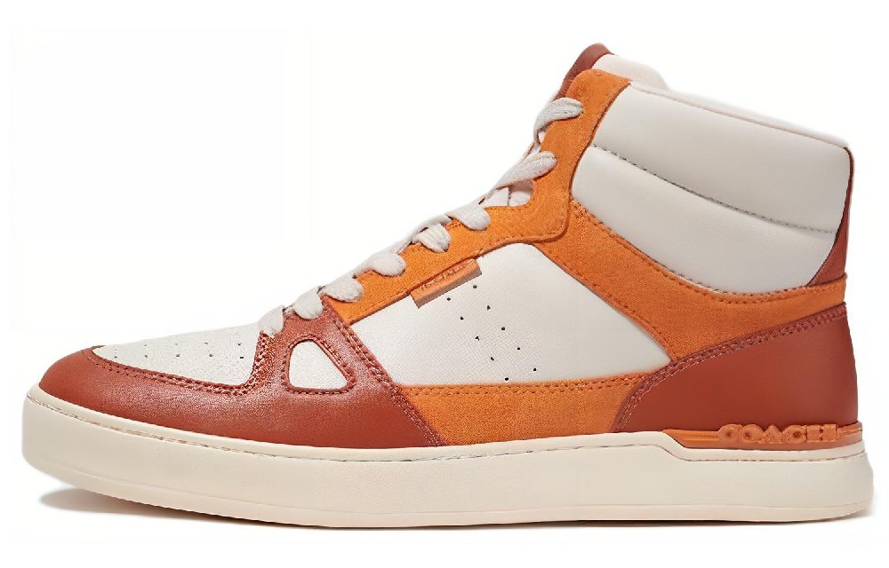 COACH Court High Top Stylish Skateboarding Shoes Men's White Orange
