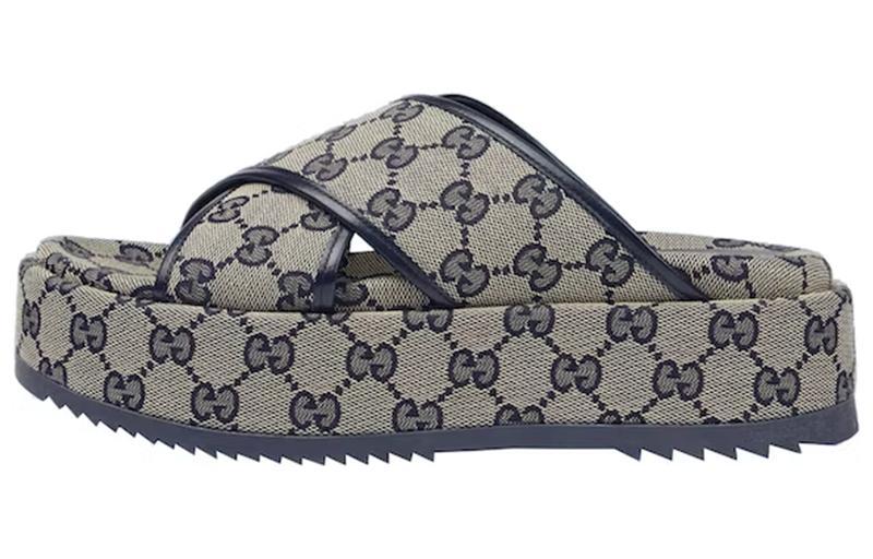 GUCCI Gg Platform 30 Mm Sandal Blue Canvas Women's