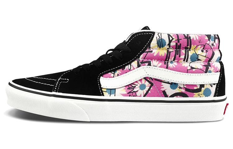 Vans Sk8 Mid Retro High Top Casual Skate Shoes Unisex Flowers Graffiti 'Black Pink White'