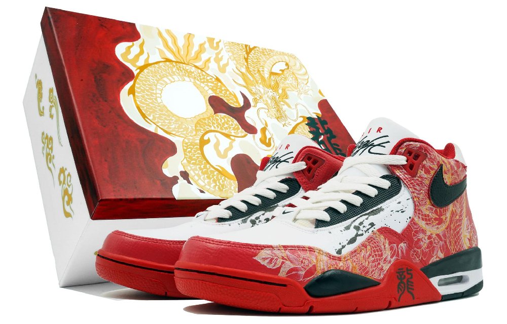 Nike Flight Legacy Kaleidoscope Play, Flowing Dragon, Box Mid Top Vintage Basketball Shoes Unisex Red White