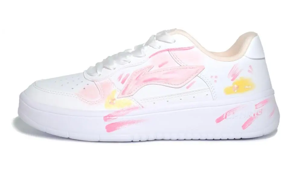 LiNing Pontoon Boats Cushioning, Wear Resistant Low top Skateboard Shoes Women's White Pink Yellow