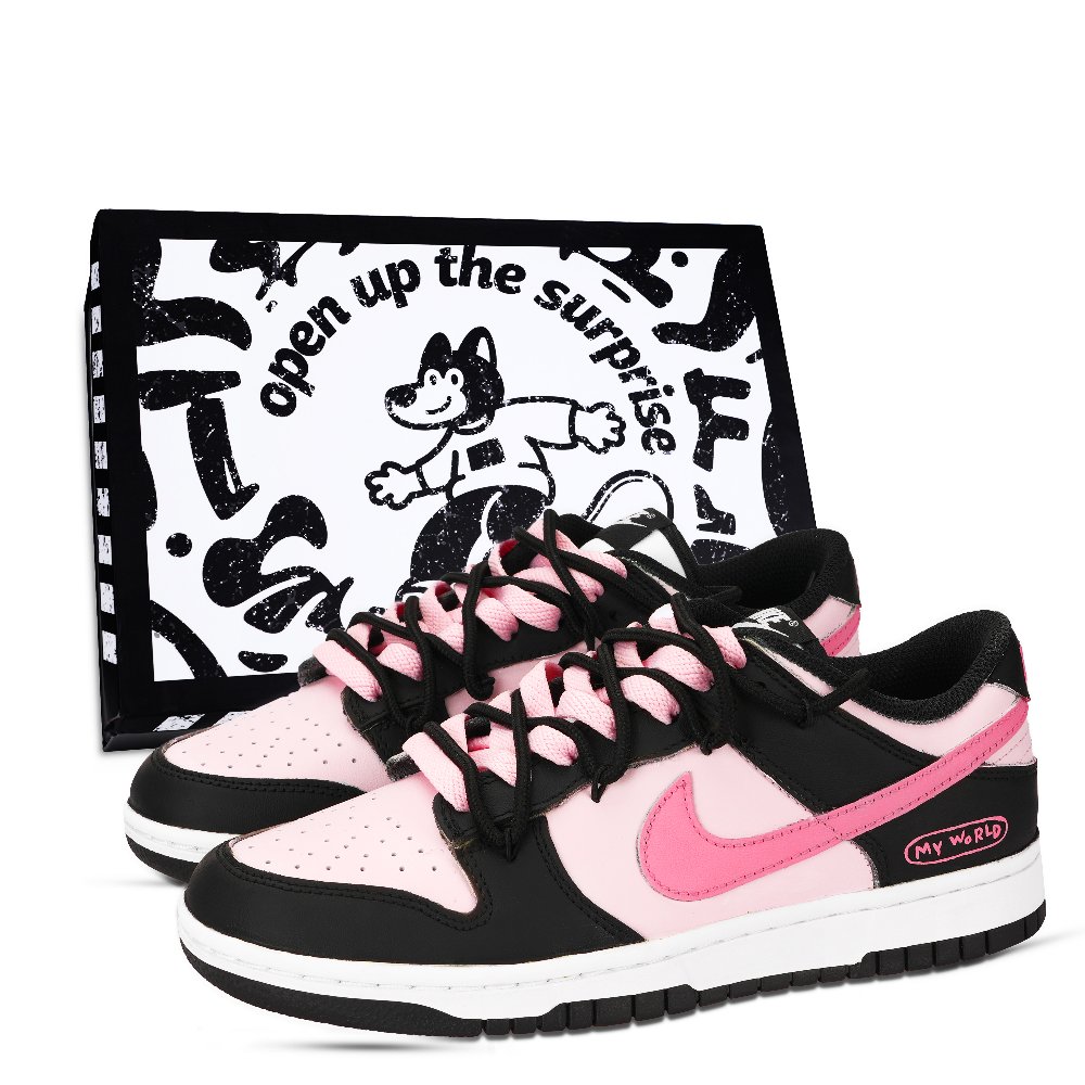 Nike Dunk Panda, Pink Ink Fantasy Journey Abrasion Resistant Low Top Skateboard Shoes Unisex Black White Pink