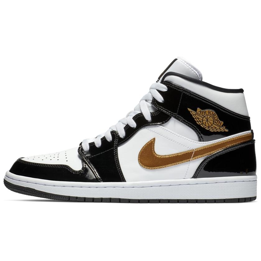 Jordan 1 Mid Patent Black White Gold