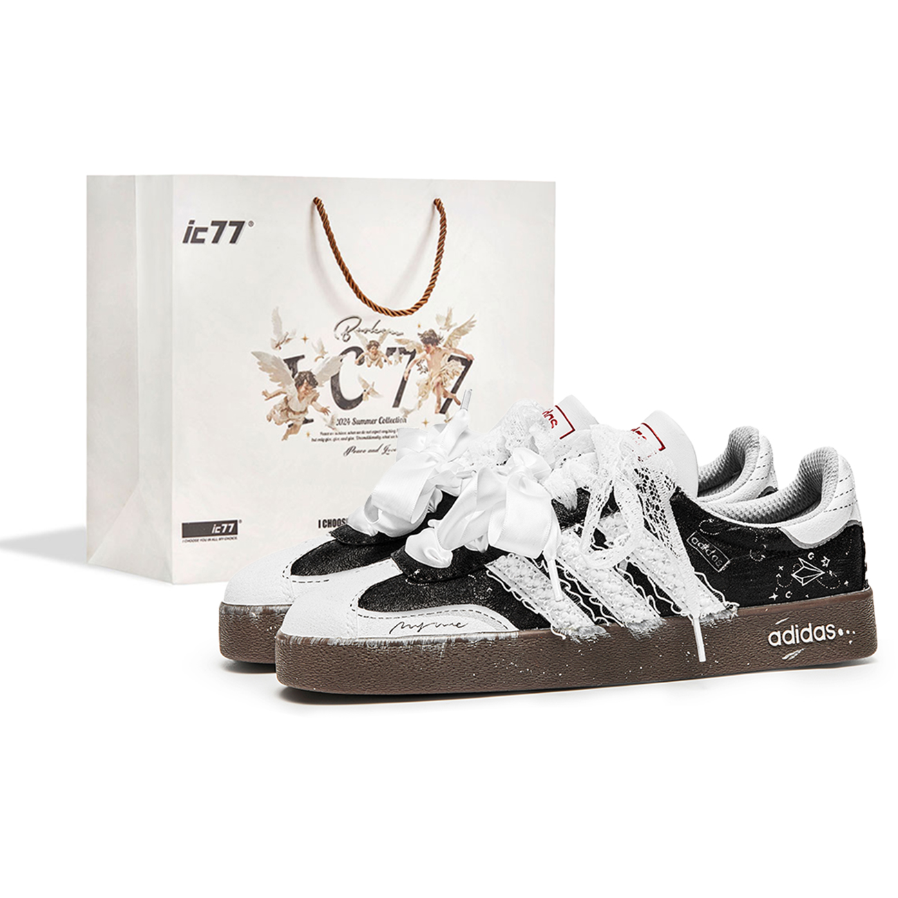 Adidas VL COURT 2.0 IC77 Shopping Bag, Dashed Heartbeat Abrasion Resistant Low top Skateboard Shoes Unisex Black White