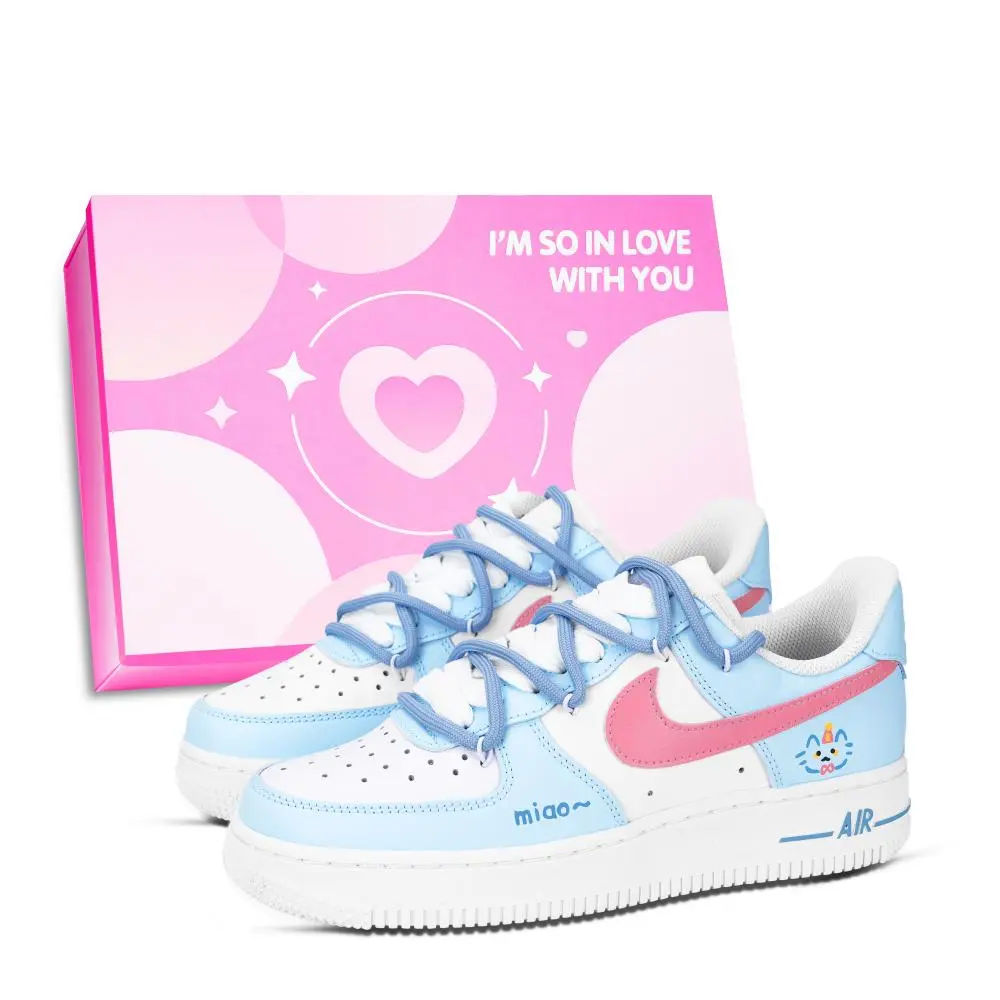 Nike Air Force 1 Meow Kitten Shoe Box Abrasion Resistant Low top Skateboard Shoes Unisex Blue White Red
