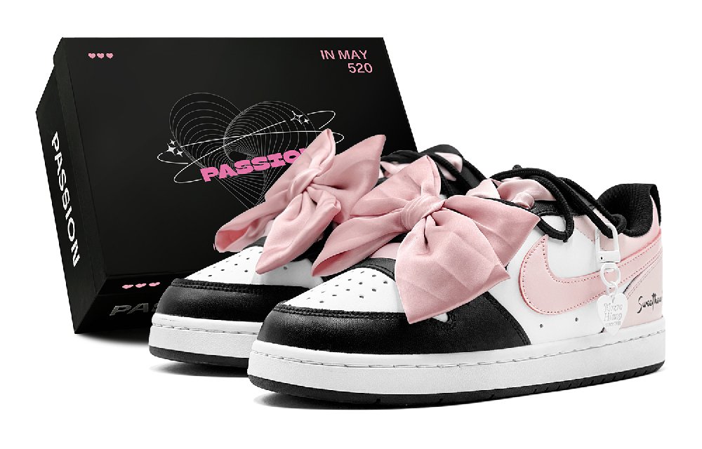 Nike Court Borough Heart Bowknot English Graffiti Sweet Style Slip Resistant Low Top Skateboard Shoes GS Black Pink