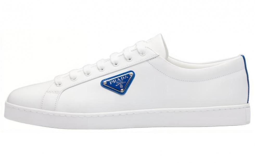 PRADA Brushed Sneakers Leather White White Cobalt Blue