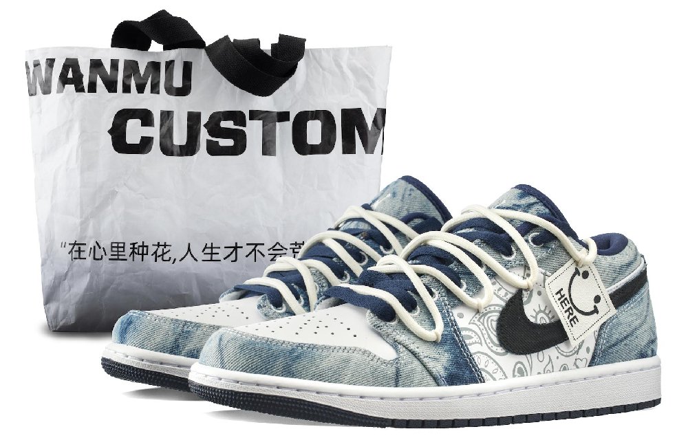 Jordan Air Jordan 1 Cowboy Cashew Flowers Low-Top Vintage Basketball Shoes Men's White Blue