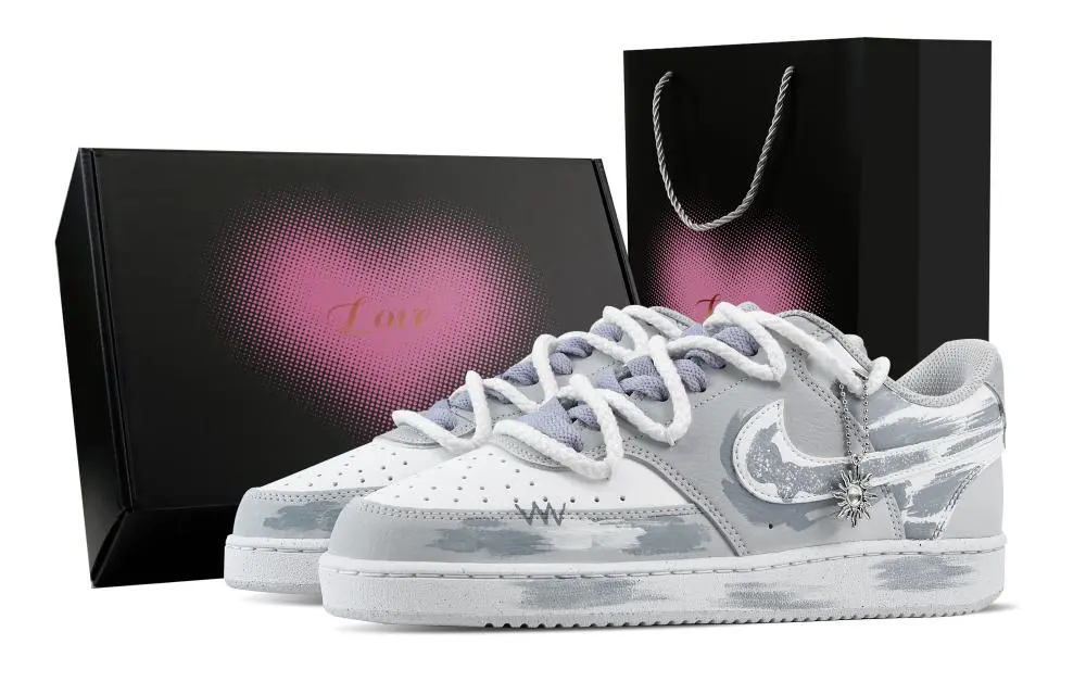 Nike Court Vision 1 Smiley Face Fading, Heart Box Abrasion Resistant Low top Skateboard Shoes Men's Light Gray
