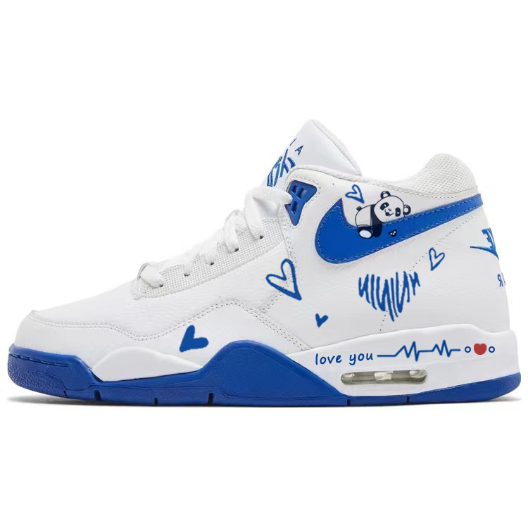 Nike Flight Legacy Beating Heart Heart Panda Wear-Resistant Mid-Top Vintage Basketball Shoes Men's White Blue