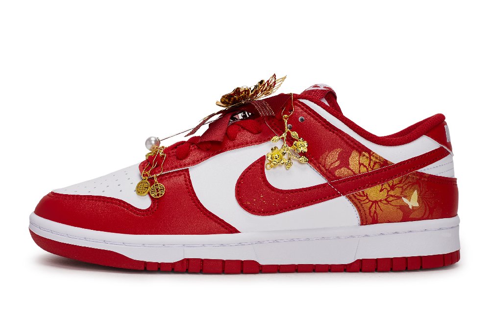 Nike Dunk Butterfly Loves Flower Anti Slip Wear Resistant Low Top Skateboard Shoes Unisex Red White Gold