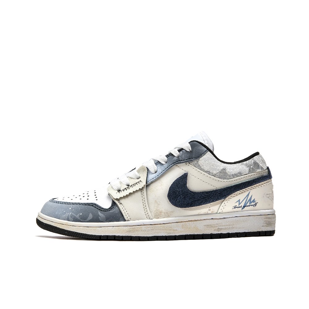 Jordan Air Jordan 1 P.M.S. Wave Anti Slip Wear Resistant Low Top Vintage Basketball Shoes Men's Beige Blue