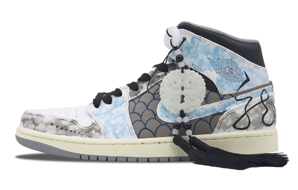 Jordan Air Jordan 1 Mid Abrasion-Resistant Slip-Resistant Mid-Top Vintage Basketball Shoes Men's White Blue