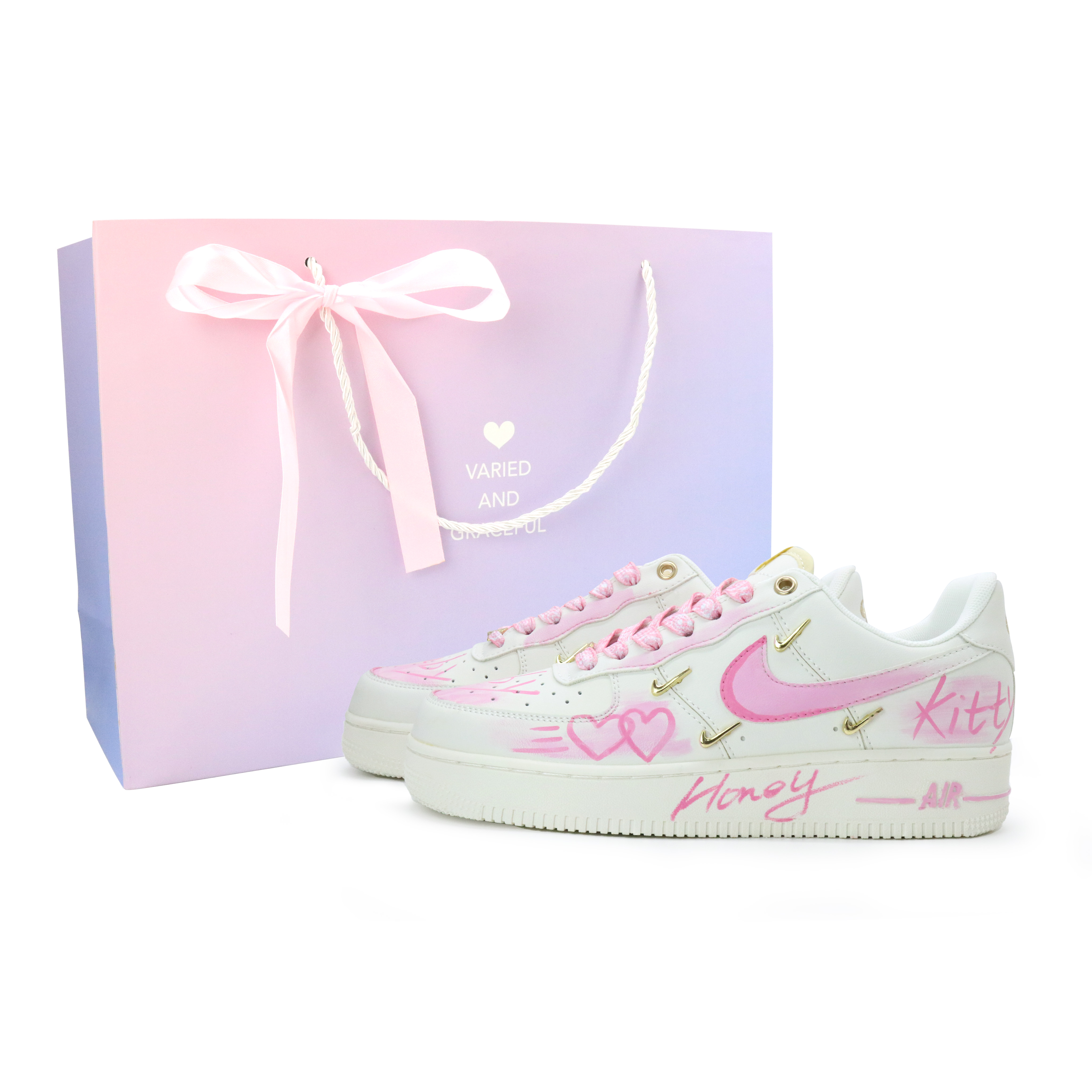 Nike Air Force 1 Pink Letter Heart Coverage Abrasion Resistant Low top Skateboard Shoes Women's Pink Gradient