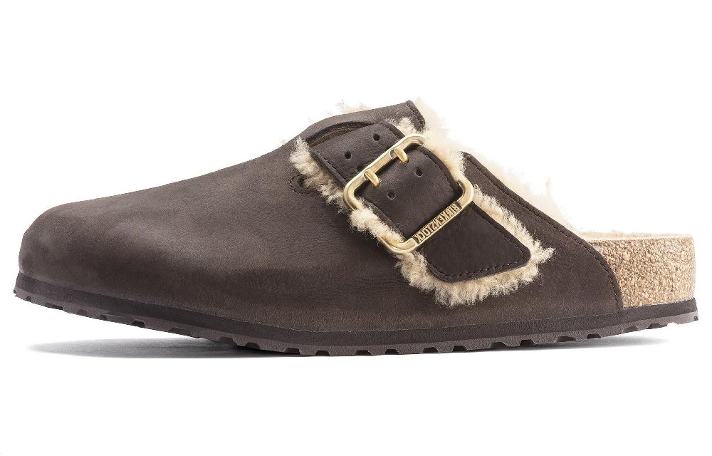 Birkenstock Boston Bold Shearling Slip-Resistant Wrap-toe Slippers Men's Coffee Narrow Fit