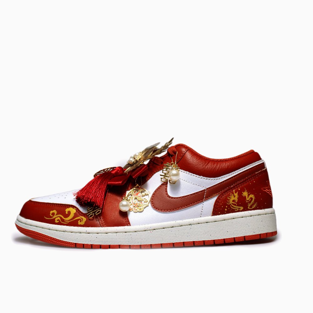 Jordan Air Jordan 1 Auspicious Dragon And Phoenix Slip-Resistant Low-Top Vintage Basketball Shoes Men's Red Yellow