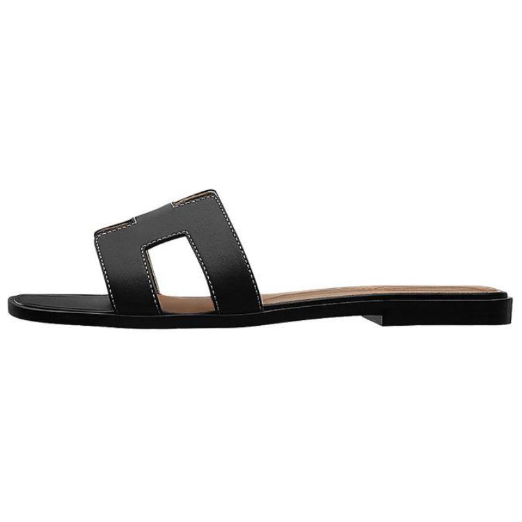 HERMES Oran Stitching Slide Slippers Women's Black Brown
